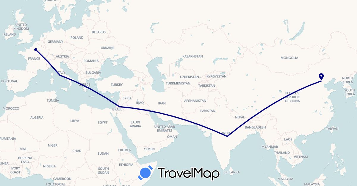 TravelMap itinerary: driving in China, France, India, Italy, Jordan (Asia, Europe)